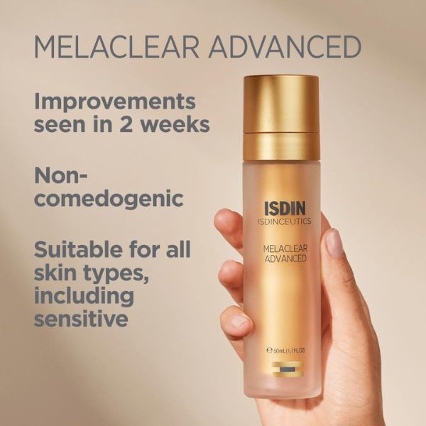 isdin melaclear advanced improvements list and bottle