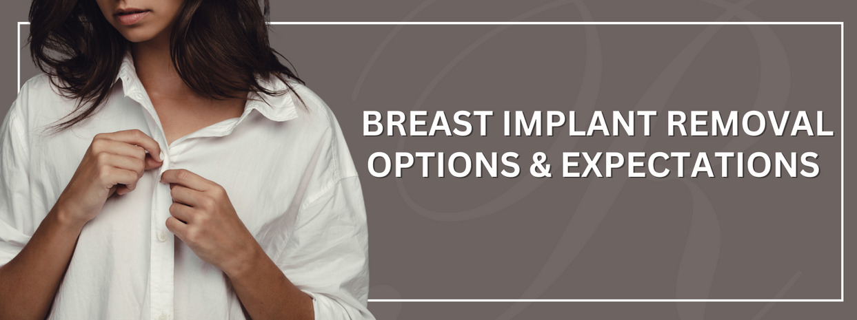 woman buttoning shirt with breast implant removal options and expectations on image