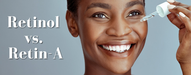 Woman smiling applying drops of Retin-A, with the words Rentinol vs. Retin-A