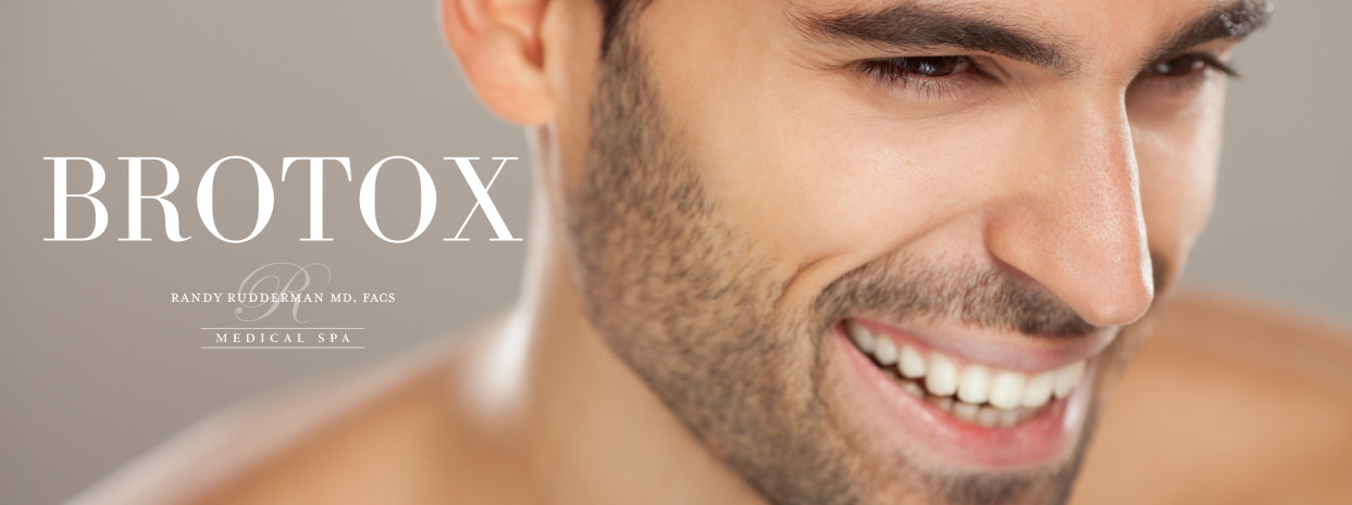 attractive male smiling with Dr. Rudderman MD FACS Medical Spa logo and the word Brotox